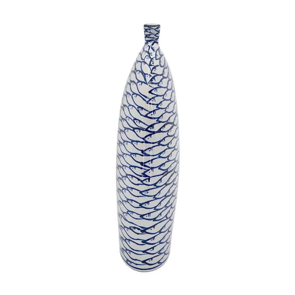 16" Blue And White Fish Print Oval Ceramic Table Vase - NOBLE HOME INTERIORS