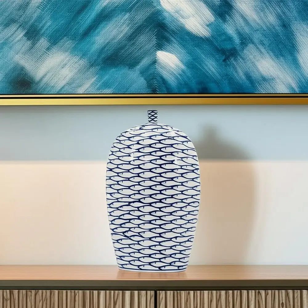 16" Blue And White Fish Print Oval Ceramic Table Vase - NOBLE HOME INTERIORS