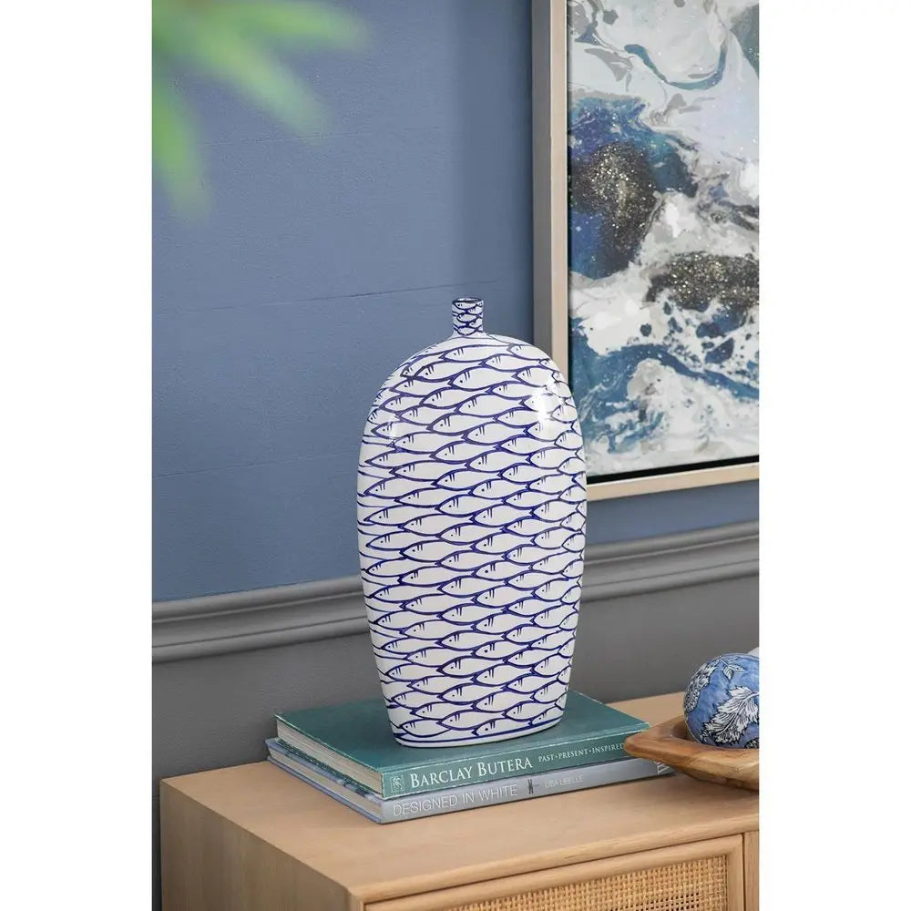 16" Blue And White Fish Print Oval Ceramic Table Vase - NOBLE HOME INTERIORS