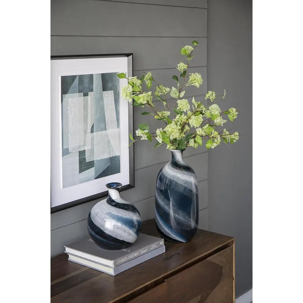 16" Blue And White Striped Swirl Art Glass Table Vase - NOBLE HOME INTERIORS