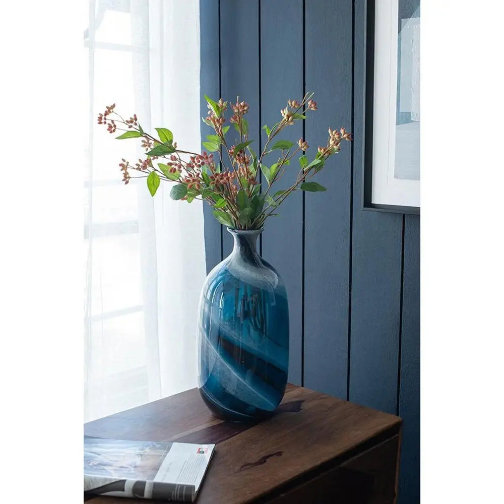 16" Blue And White Striped Swirl Art Glass Table Vase - NOBLE HOME INTERIORS