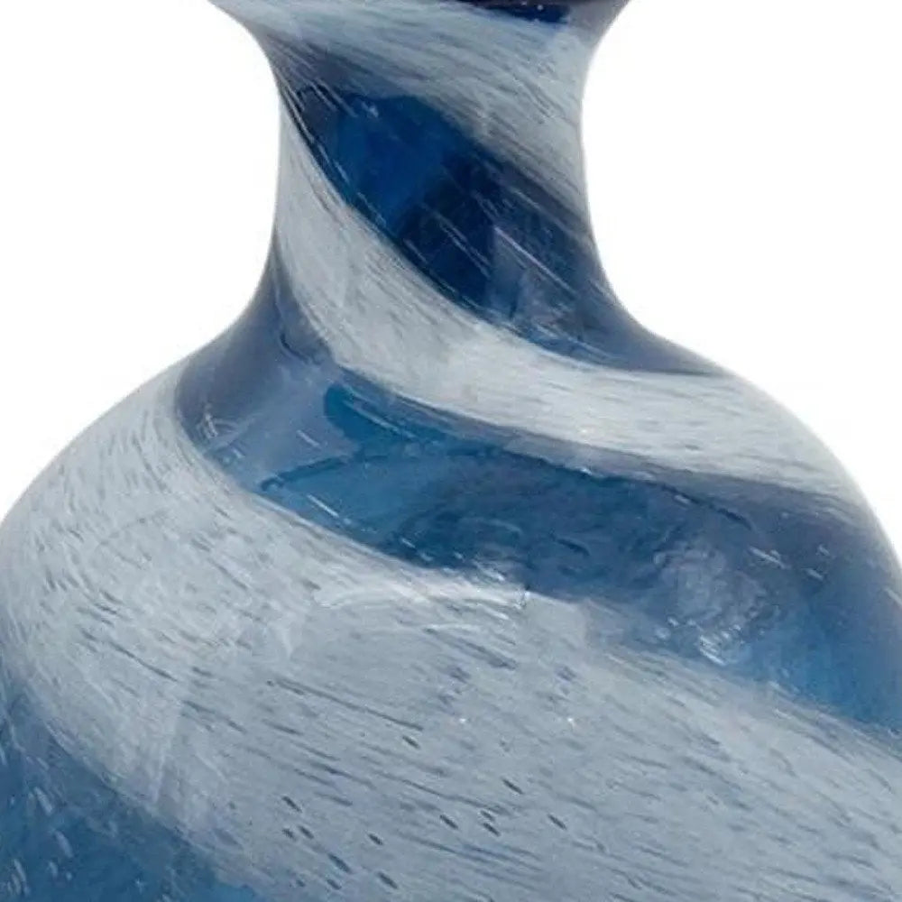 16" Blue And White Striped Swirl Art Glass Table Vase - NOBLE HOME INTERIORS