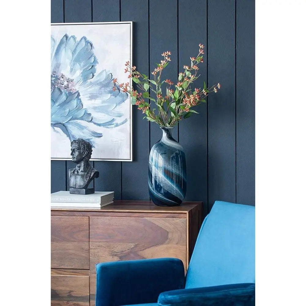 16" Blue And White Striped Swirl Art Glass Table Vase - NOBLE HOME INTERIORS