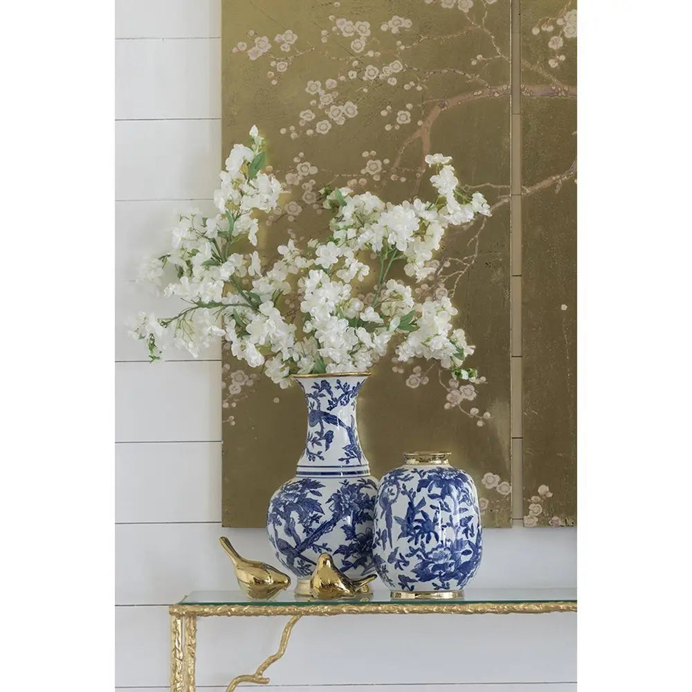 16" Blue White And Gold Chinoiserie Floral Porcelain Table Vase - NOBLE HOME INTERIORS
