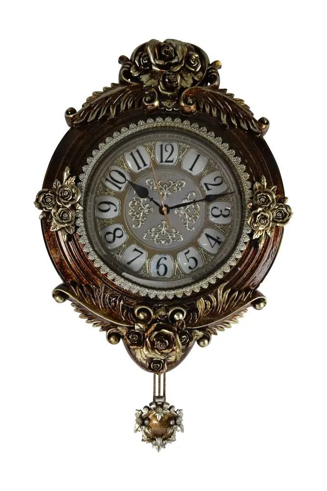 16" Brown And Silver Resin Silent Pendulum Ornate Oval Wall Clock HomeRoots