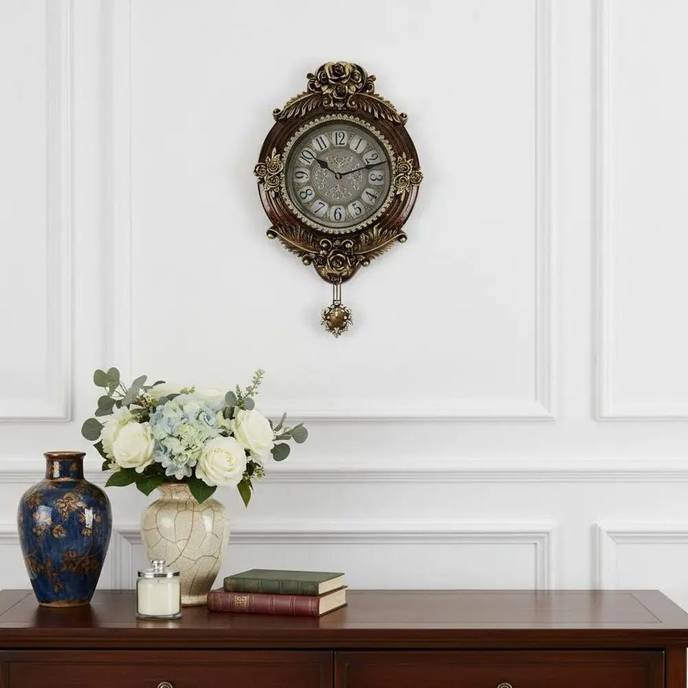 16" Brown And Silver Resin Silent Pendulum Ornate Oval Wall Clock HomeRoots