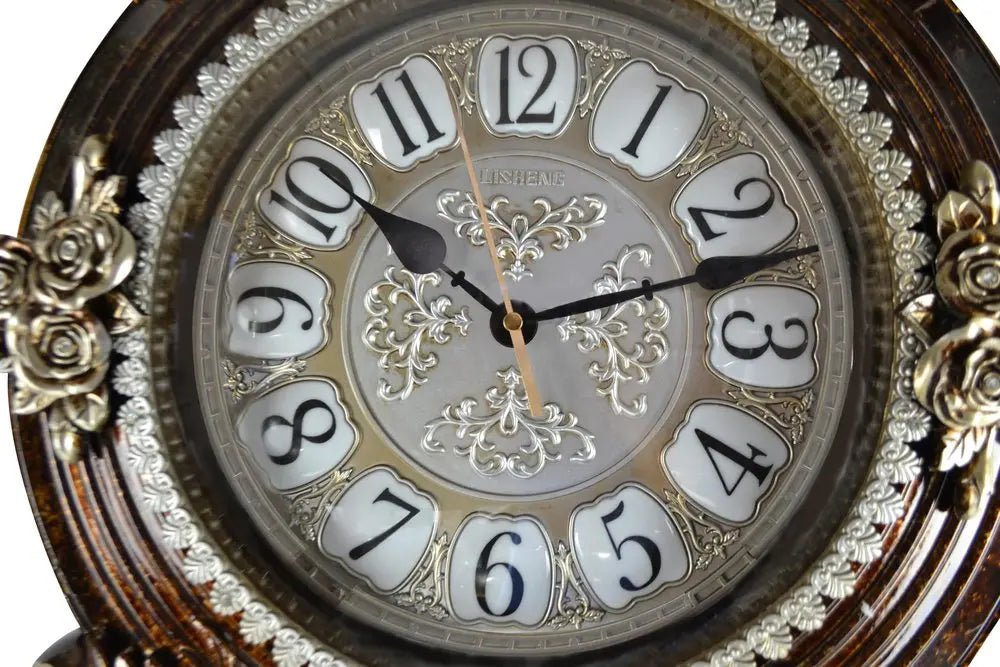 16" Brown And Silver Resin Silent Pendulum Ornate Oval Wall Clock HomeRoots