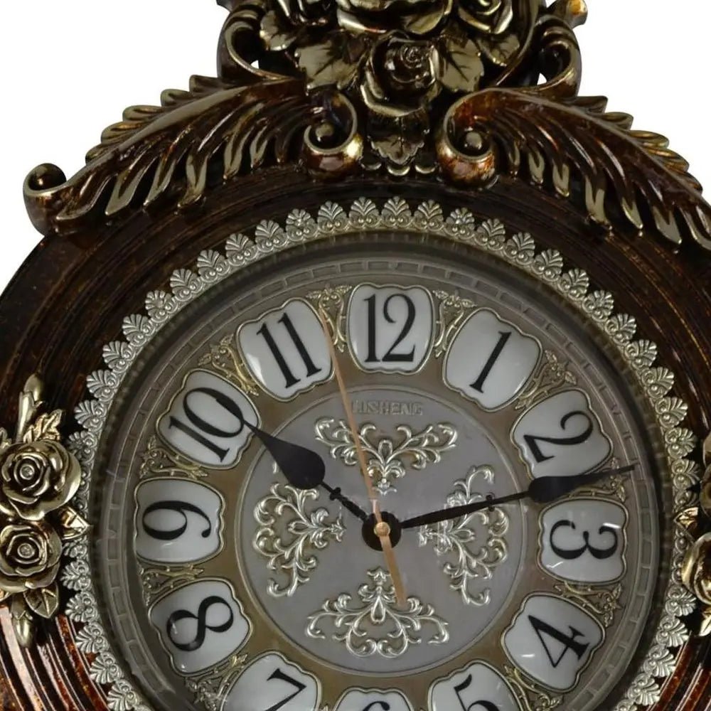 16" Brown And Silver Resin Silent Pendulum Ornate Oval Wall Clock HomeRoots