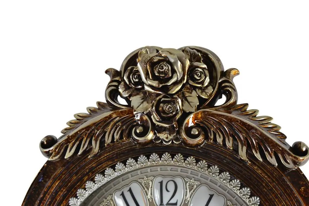 16" Brown And Silver Resin Silent Pendulum Ornate Oval Wall Clock HomeRoots
