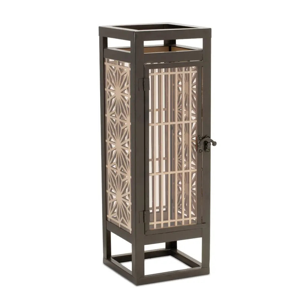 16" Brown Geometric Iron Tabletop Pillar Candle Holder - NOVA HOME FURNITURE