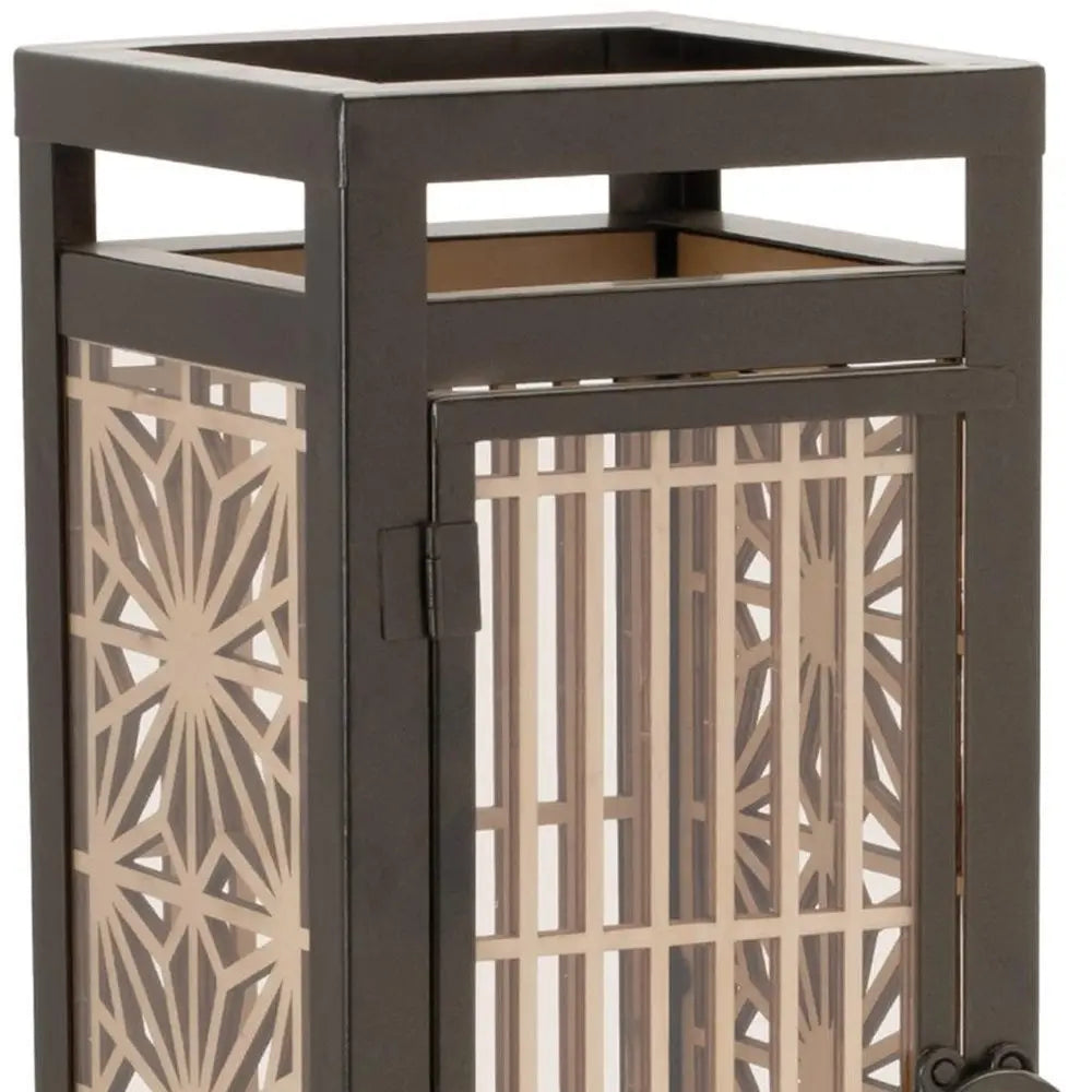 16" Brown Geometric Iron Tabletop Pillar Candle Holder - NOVA HOME FURNITURE