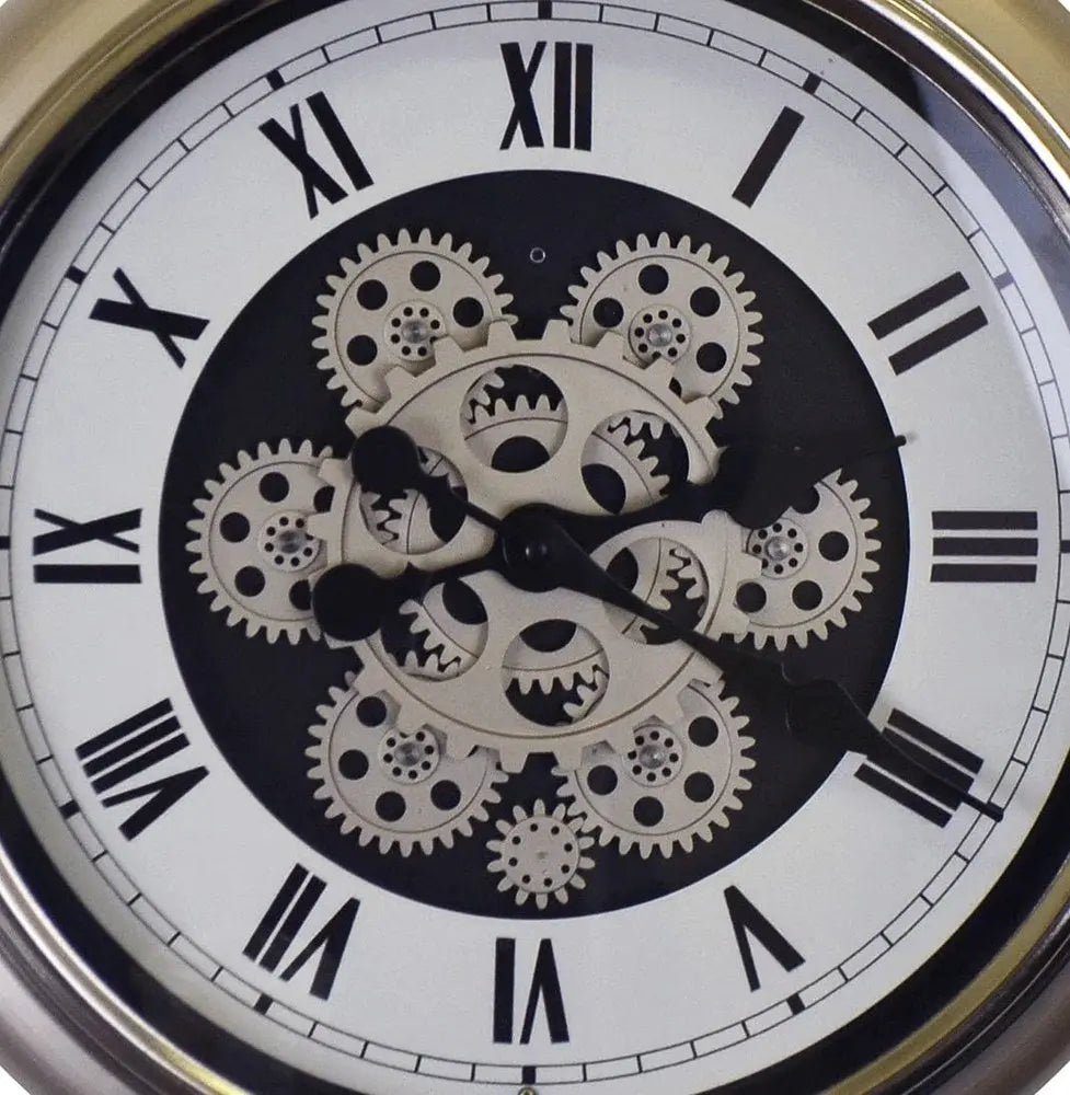 16" Champagne White And Black Metal Skeleton Exposed Gear Pocket Watch Wall Clock HomeRoots