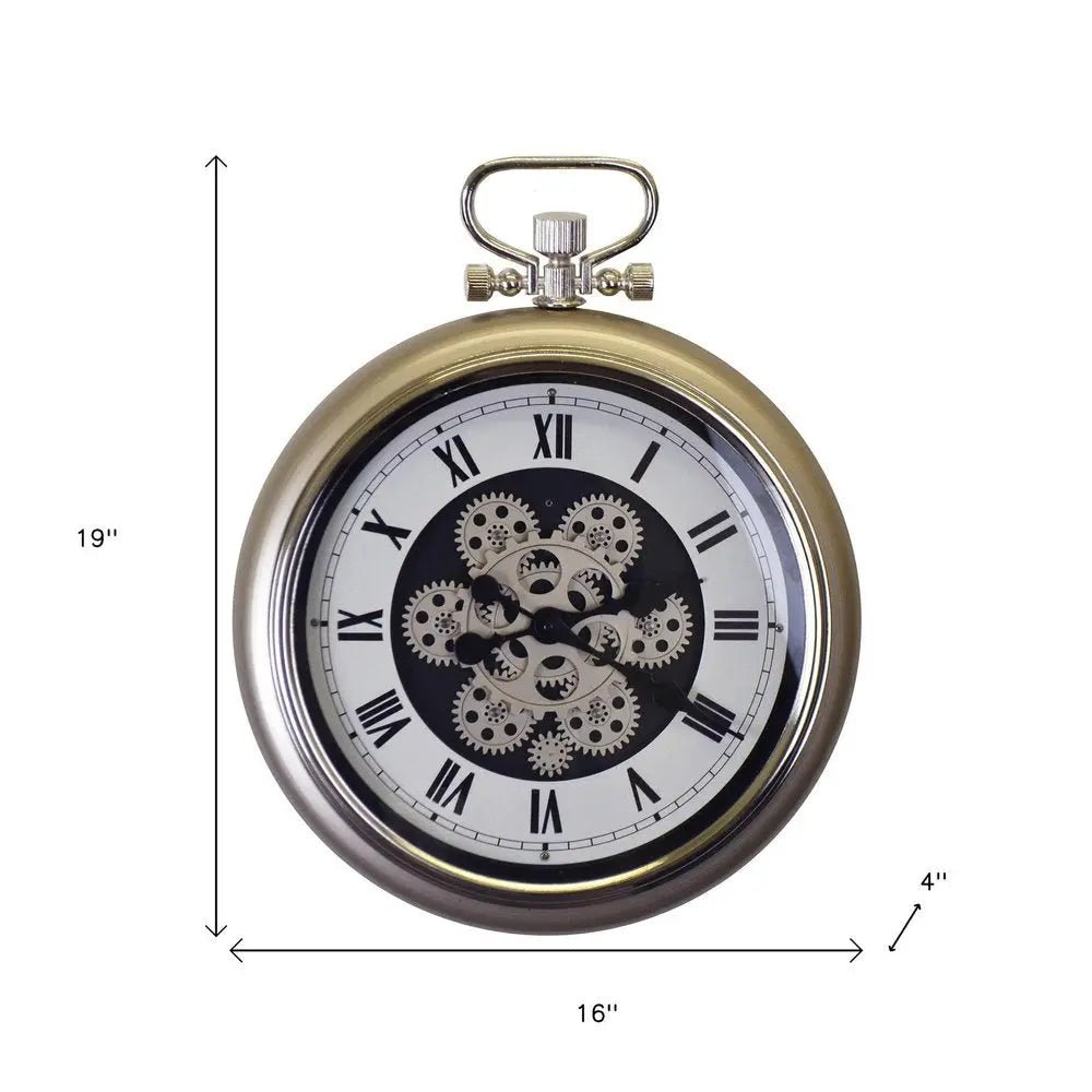 16" Champagne White And Black Metal Skeleton Exposed Gear Pocket Watch Wall Clock HomeRoots