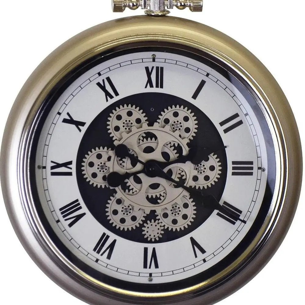 16" Champagne White And Black Metal Skeleton Exposed Gear Pocket Watch Wall Clock HomeRoots
