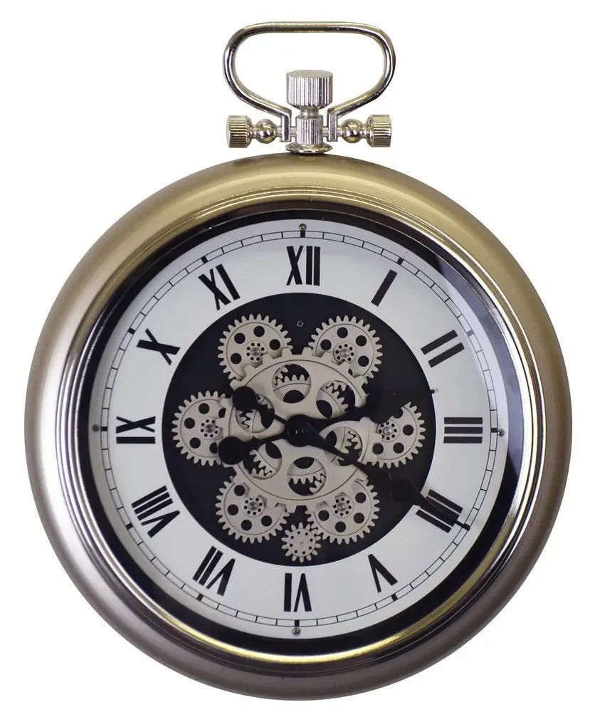 16" Champagne White And Black Metal Skeleton Exposed Gear Pocket Watch Wall Clock HomeRoots