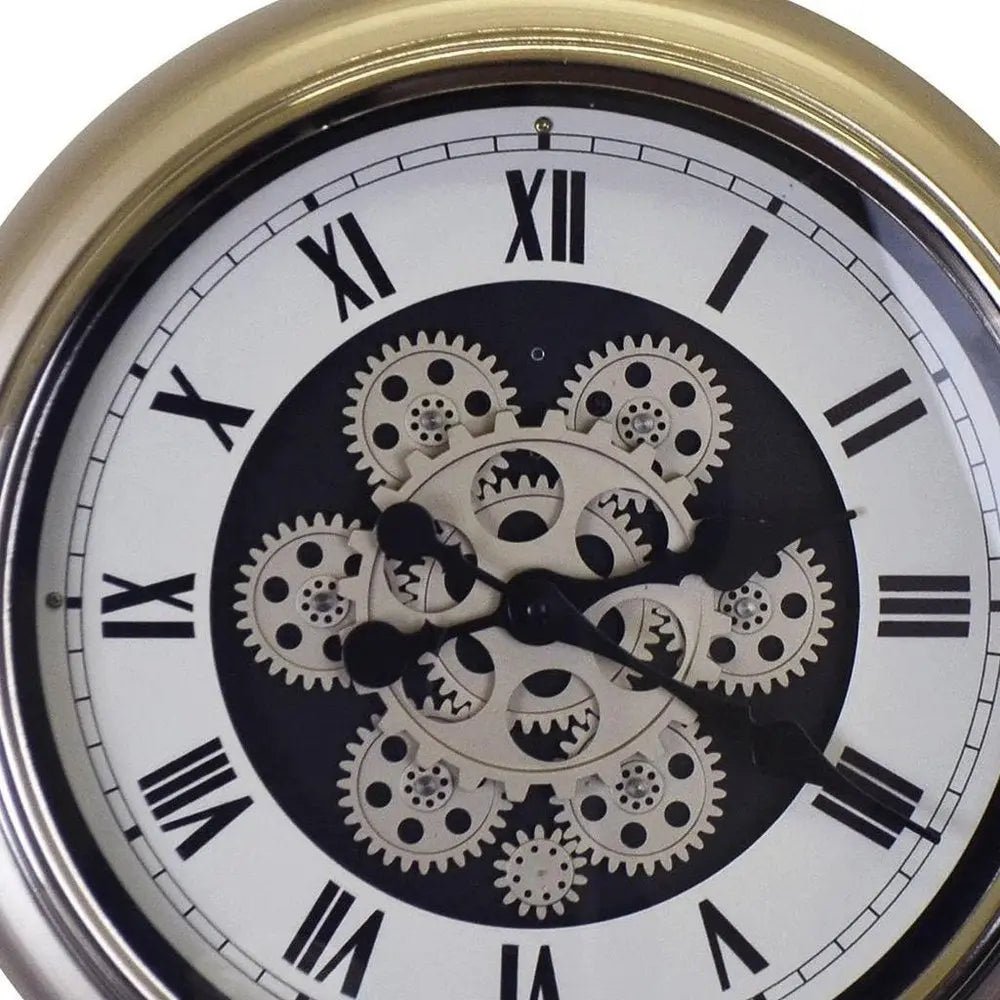 16" Champagne White And Black Metal Skeleton Exposed Gear Pocket Watch Wall Clock HomeRoots