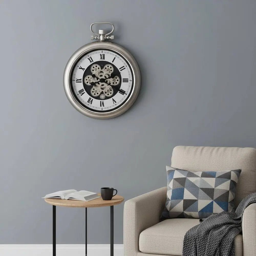 16" Champagne White And Black Metal Skeleton Exposed Gear Pocket Watch Wall Clock HomeRoots