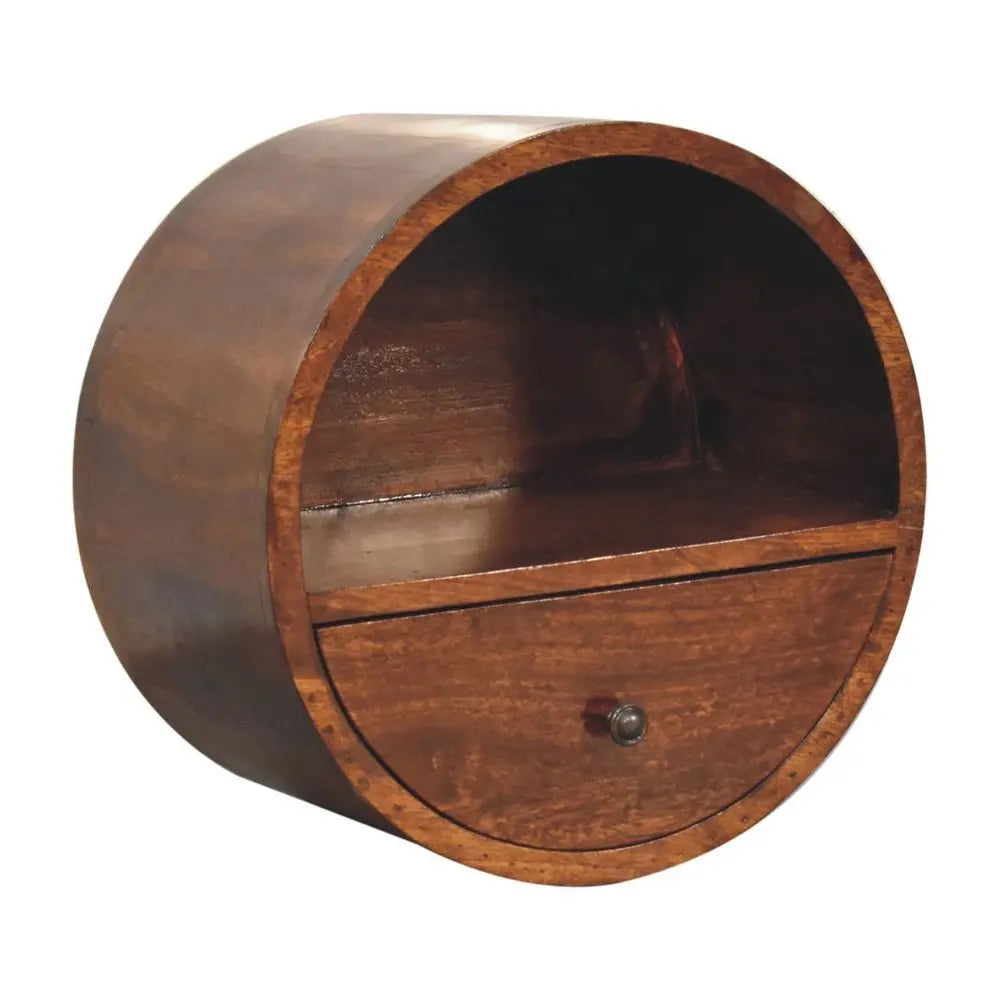 16" Chestnut Solid Wood Round One Drawer Floating Nightstand - NOBLE HOME INTERIORS