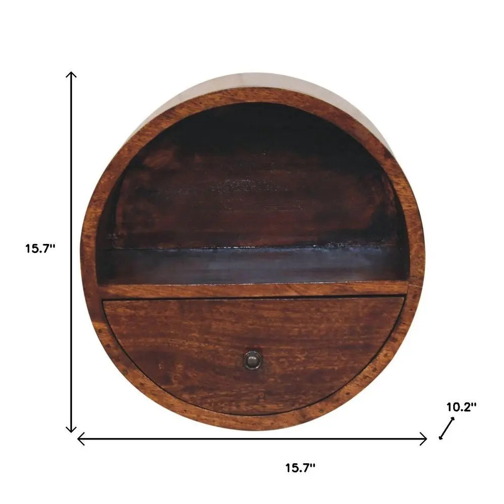 16" Chestnut Solid Wood Round One Drawer Floating Nightstand - NOBLE HOME INTERIORS