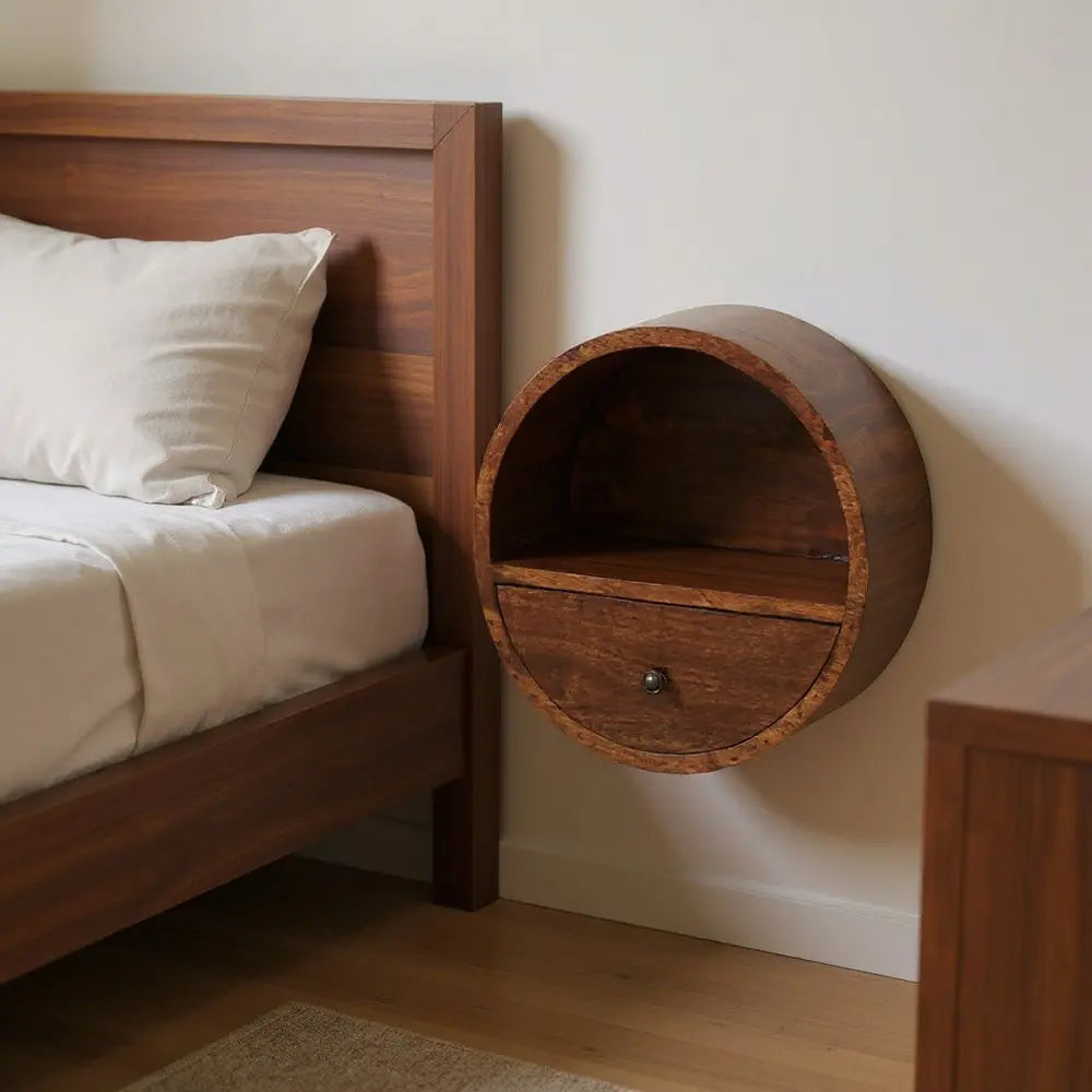 16" Chestnut Solid Wood Round One Drawer Floating Nightstand - NOBLE HOME INTERIORS