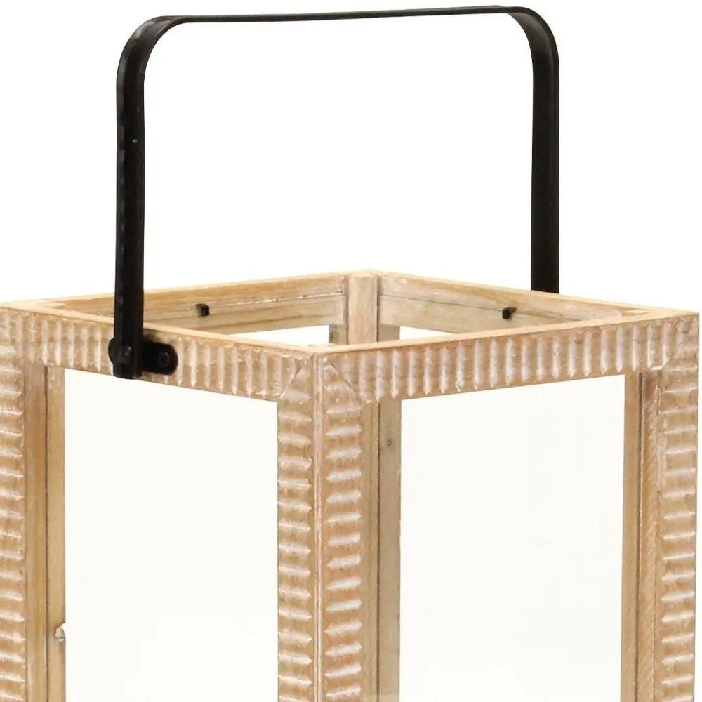 16" Clear And Natural Glass And Solid Wood Tabletop Lantern Candle Holder HomeRoots
