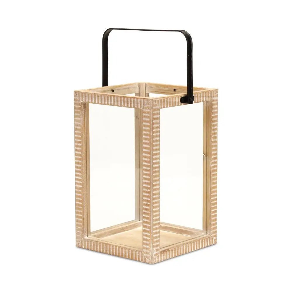 16" Clear And Natural Glass And Solid Wood Tabletop Lantern Candle Holder HomeRoots