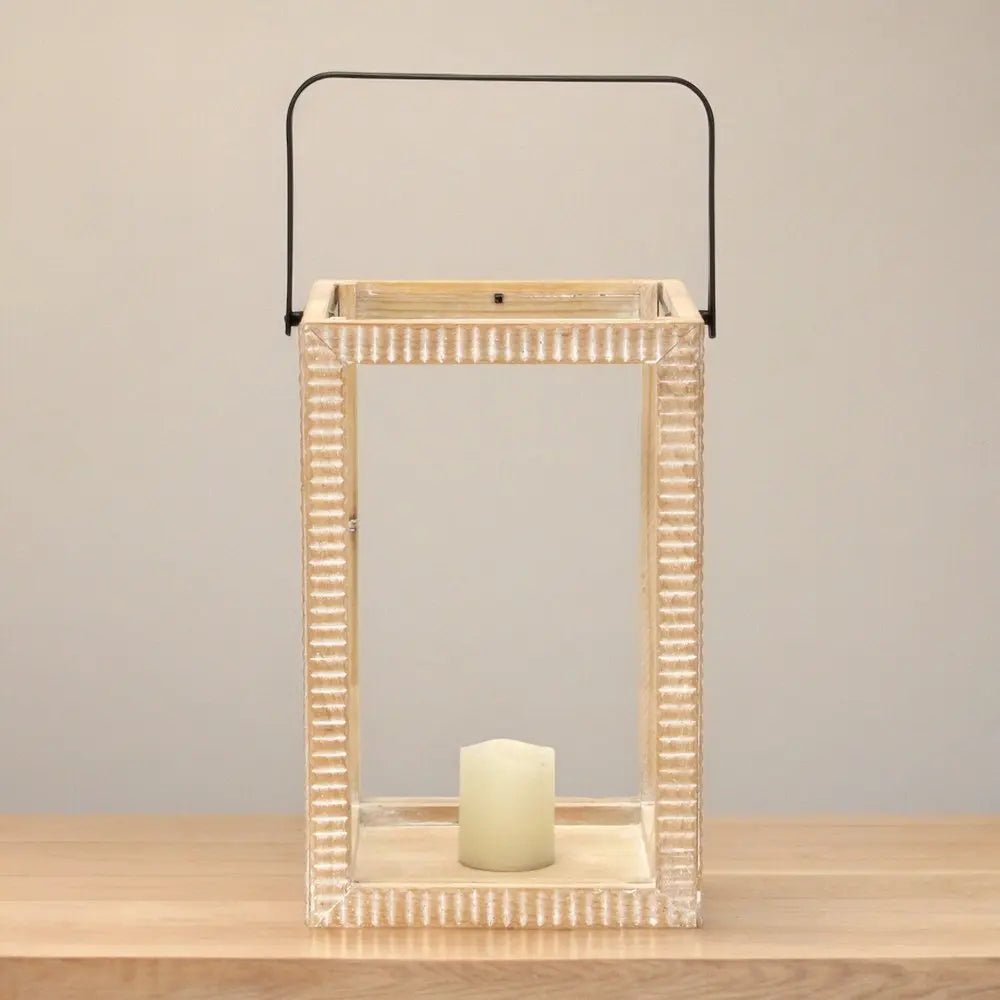 16" Clear And Natural Glass And Solid Wood Tabletop Lantern Candle Holder HomeRoots