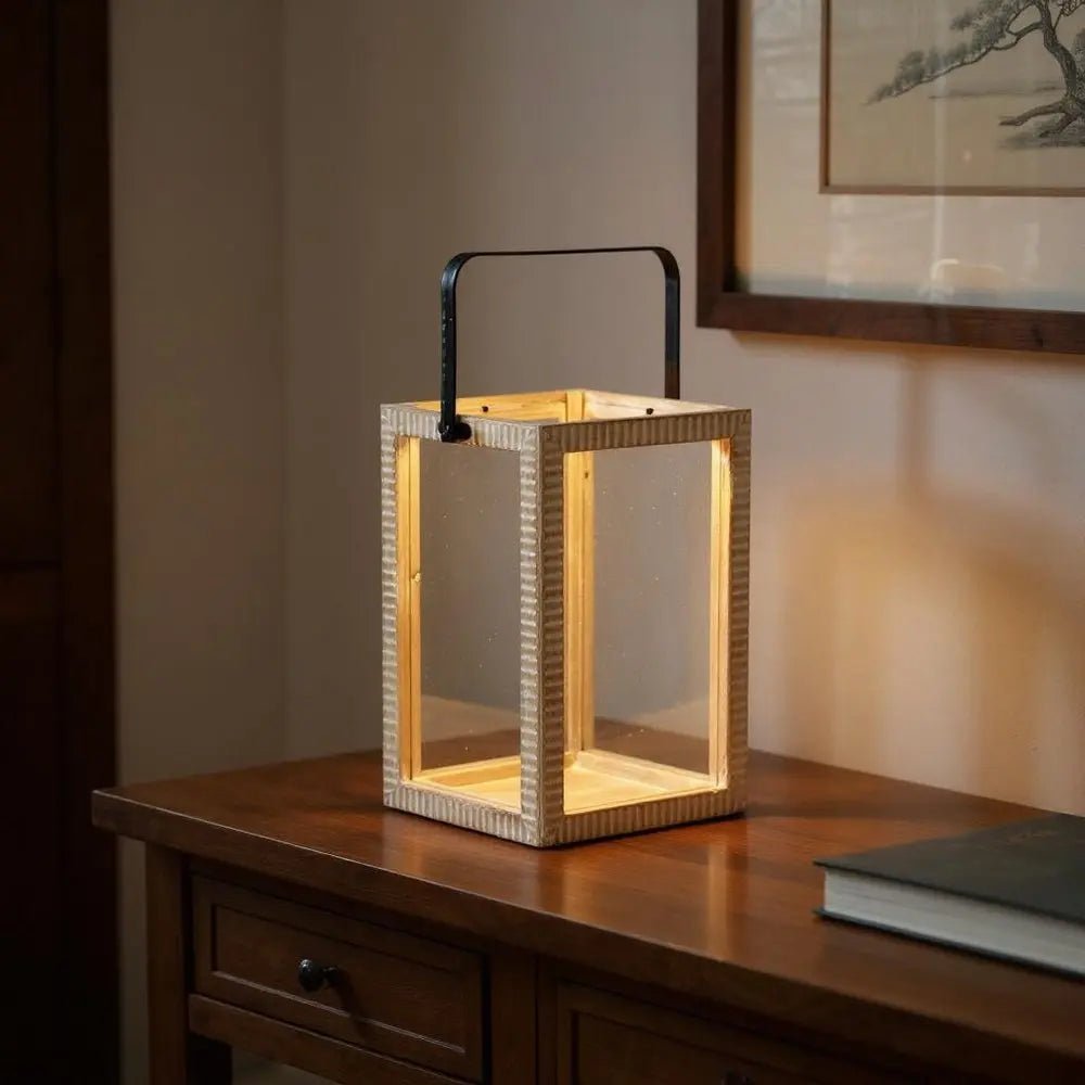 16" Clear And Natural Glass And Solid Wood Tabletop Lantern Candle Holder HomeRoots