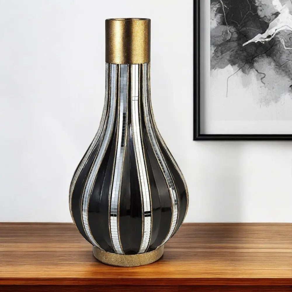 16" Gold and Black Striped Bud Polyresin Table Vase - NOBLE HOME INTERIORS