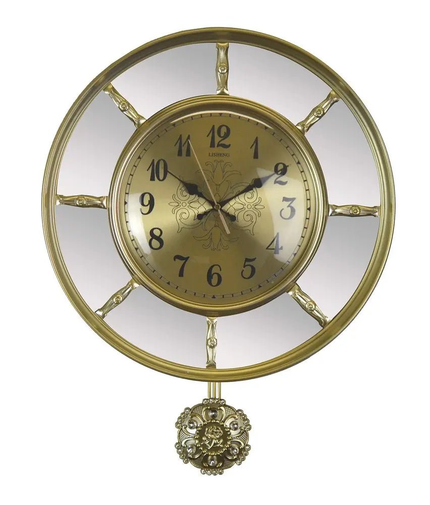 16" Gold And Silver Mirrored Glass And Resin Silent Pendulum Ornate Round Wall Clock HomeRoots
