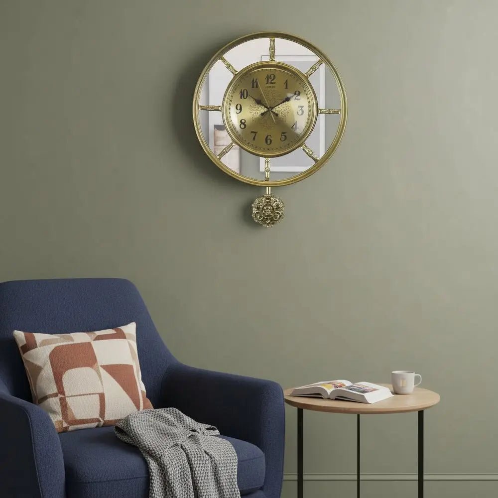 16" Gold And Silver Mirrored Glass And Resin Silent Pendulum Ornate Round Wall Clock HomeRoots