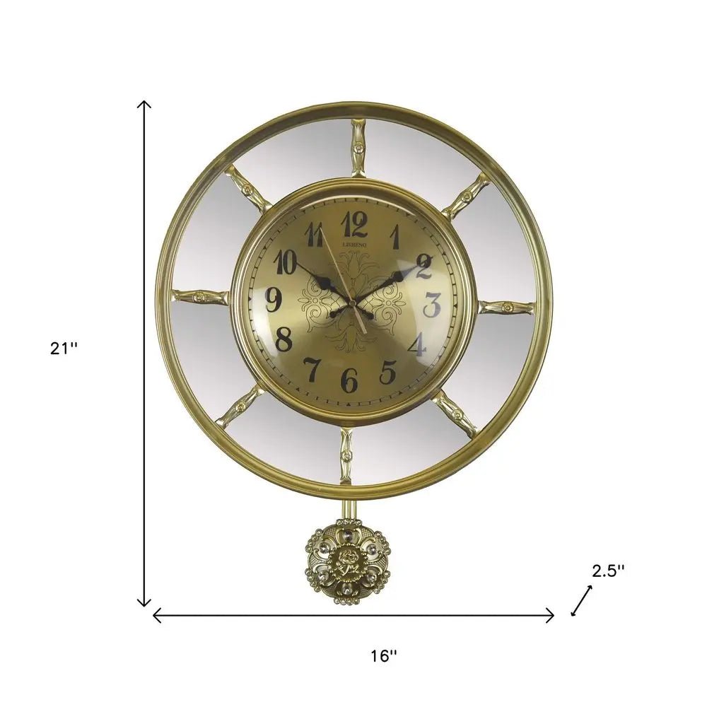 16" Gold And Silver Mirrored Glass And Resin Silent Pendulum Ornate Round Wall Clock HomeRoots