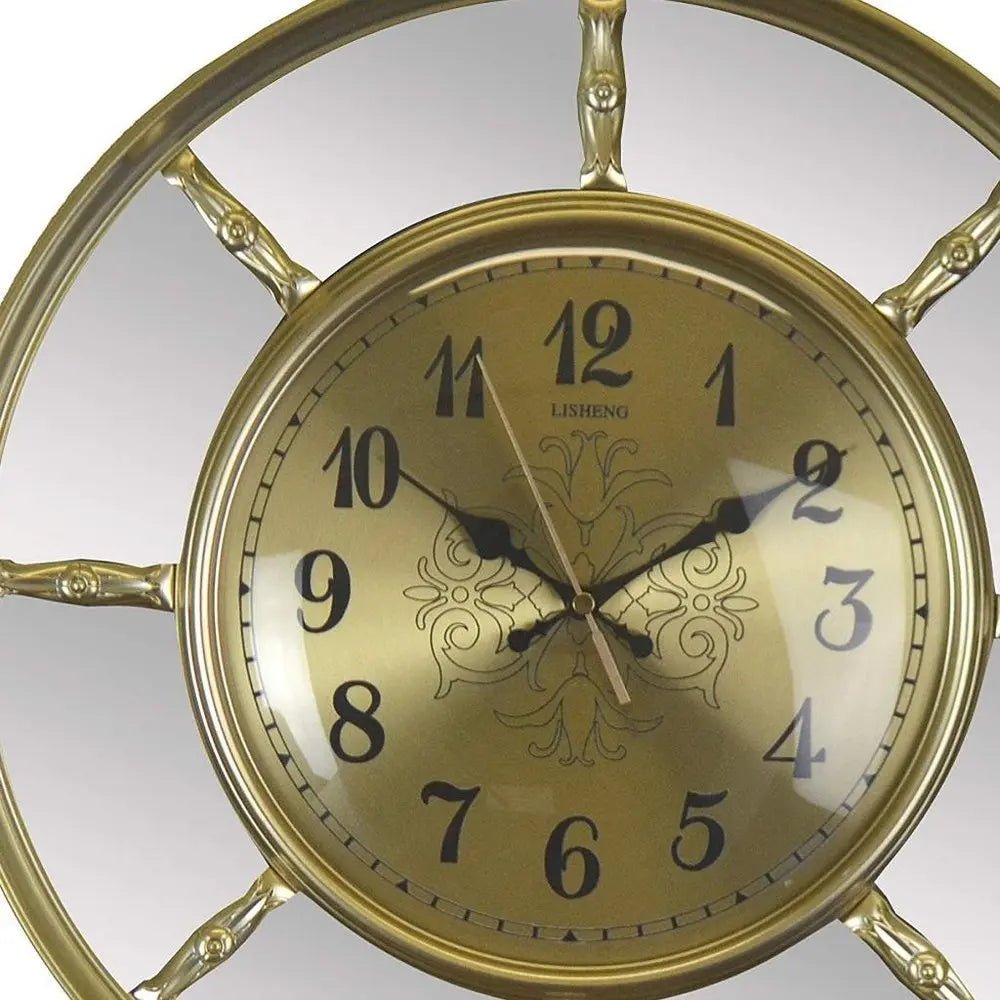 16" Gold And Silver Mirrored Glass And Resin Silent Pendulum Ornate Round Wall Clock HomeRoots