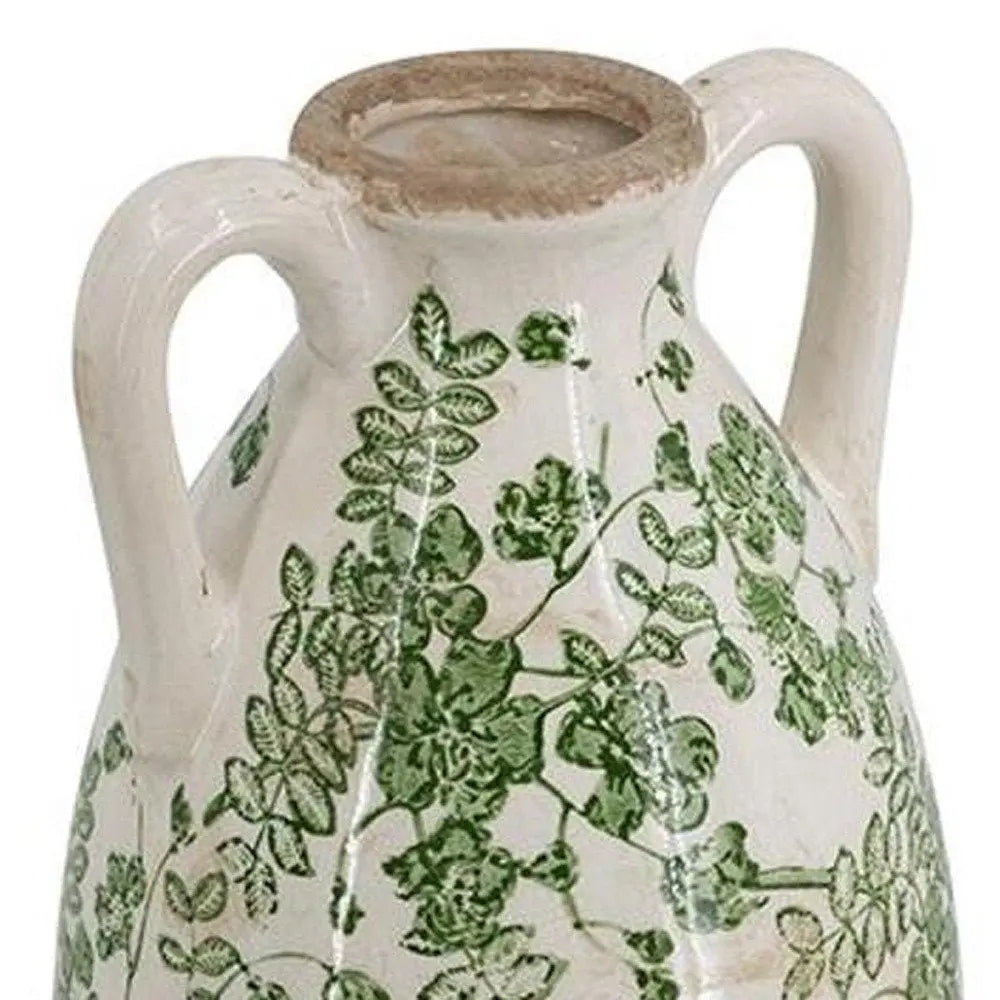 16" Green and White Leaf Amphora Ceramic Table Vase With Does Not Apply - NOBLE HOME INTERIORS