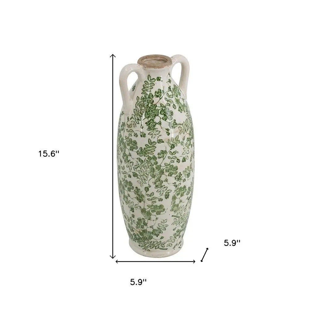 16" Green and White Leaf Amphora Ceramic Table Vase With Does Not Apply - NOBLE HOME INTERIORS