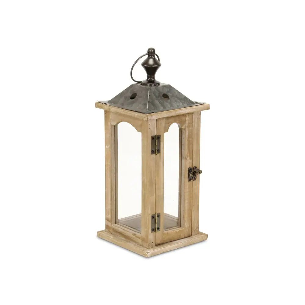 16" Natural And Gray Geometric Metal And Solid Wood Tabletop Lantern Candle Holder HomeRoots