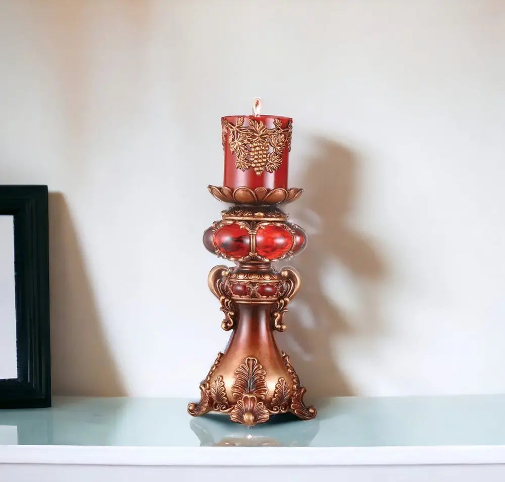 16" Tall Red and Brown Faux Marble Candle Holder with Candle - NOBLE HOME INTERIORS