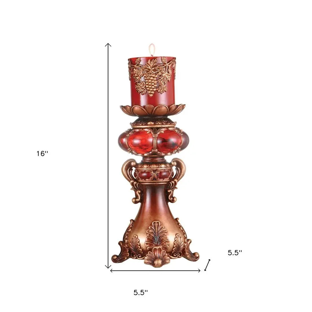 16" Tall Red and Brown Faux Marble Candle Holder with Candle - NOBLE HOME INTERIORS