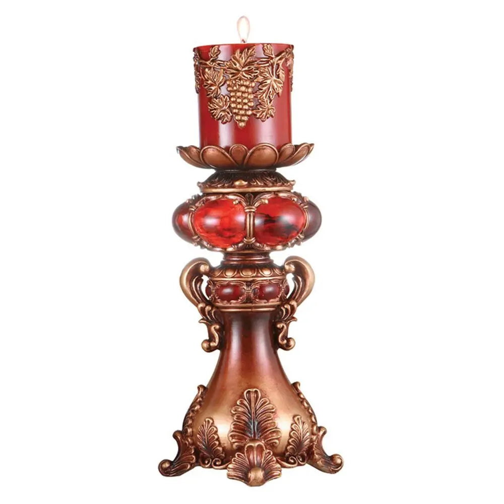 16" Tall Red and Brown Faux Marble Candle Holder with Candle - NOBLE HOME INTERIORS