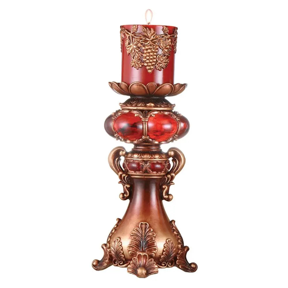 16" Tall Red and Brown Faux Marble Candle Holder with Candle - NOBLE HOME INTERIORS