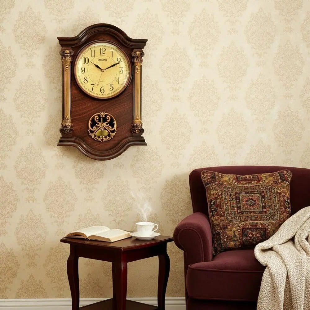 16" Walnut And Gold Resin Silent Analog Ornate Wall Clock HomeRoots