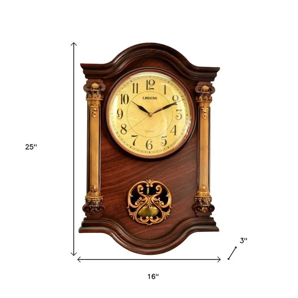 16" Walnut And Gold Resin Silent Analog Ornate Wall Clock HomeRoots