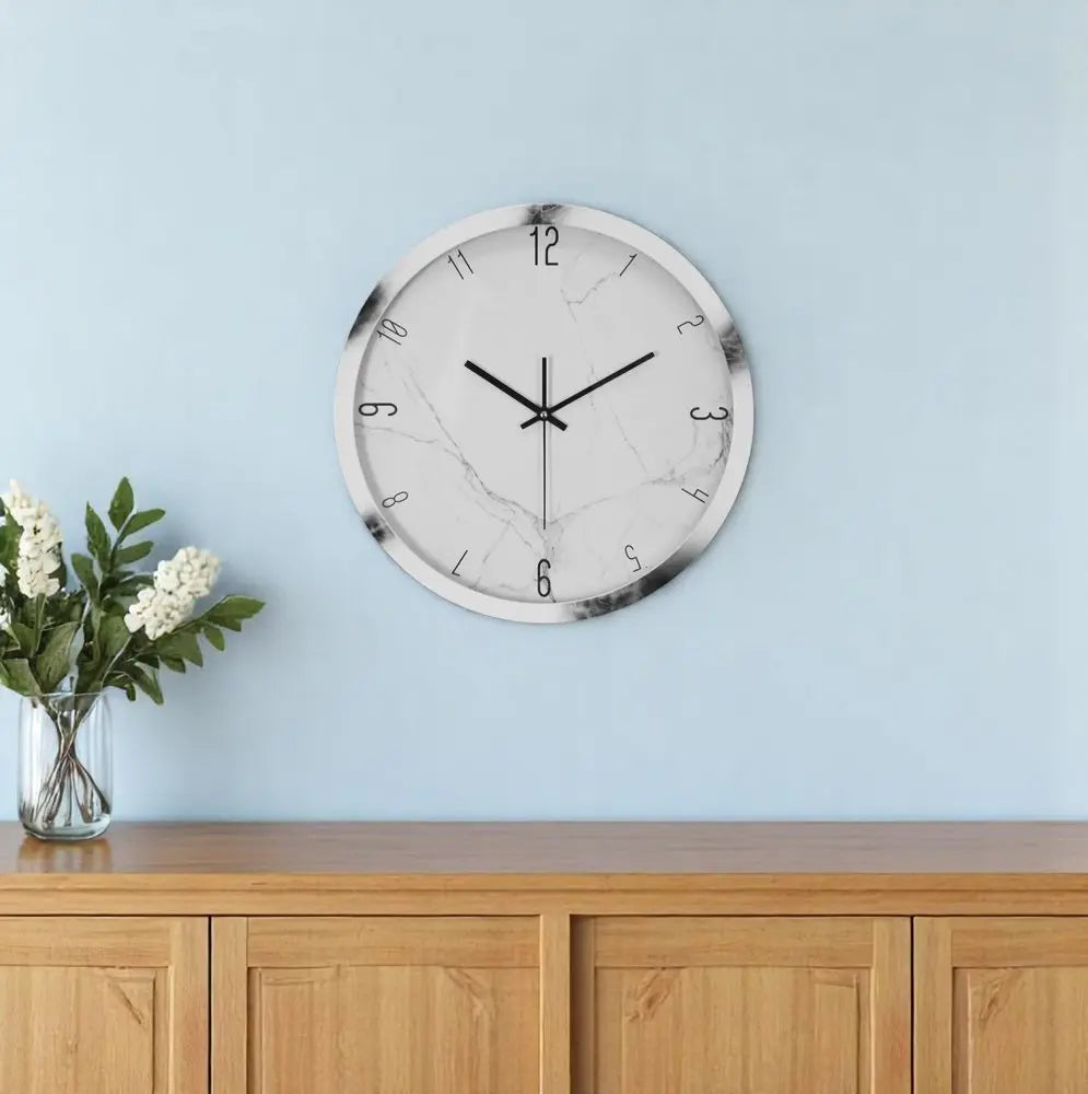 16" White And Black Heavy Duty Plastic Silent Analog Marble Round Wall Clock - NOBLE HOME INTERIORS
