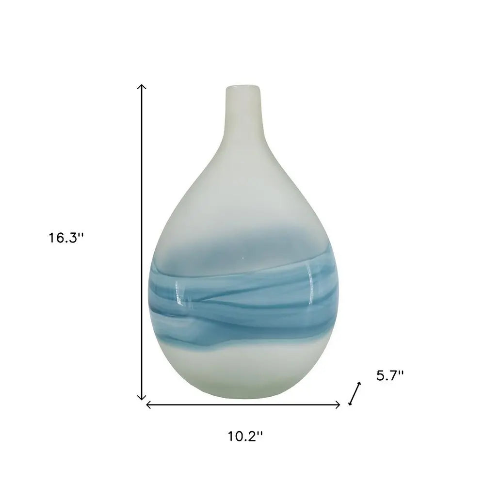 16" White And Blue Swirl Art Glass Table Vase - NOBLE HOME INTERIORS