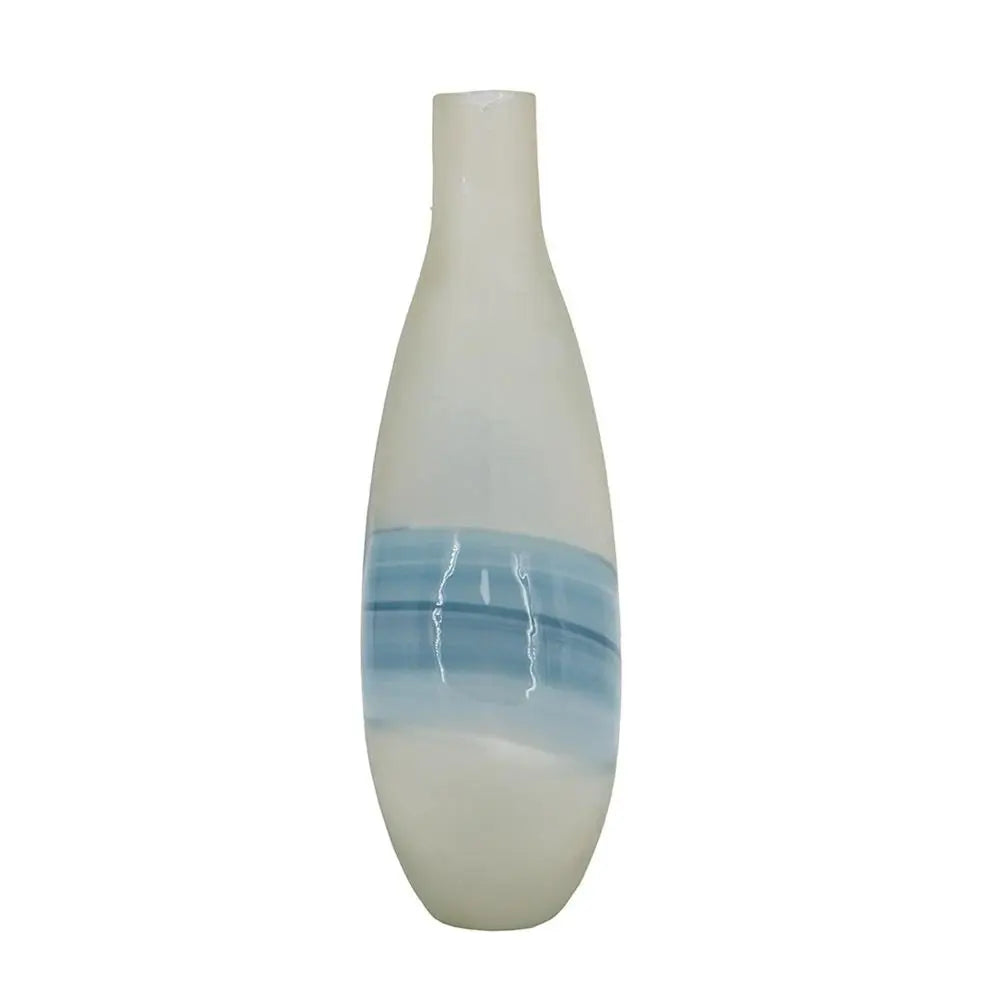 16" White And Blue Swirl Art Glass Table Vase - NOBLE HOME INTERIORS