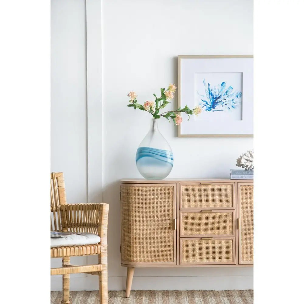 16" White And Blue Swirl Art Glass Table Vase - NOBLE HOME INTERIORS