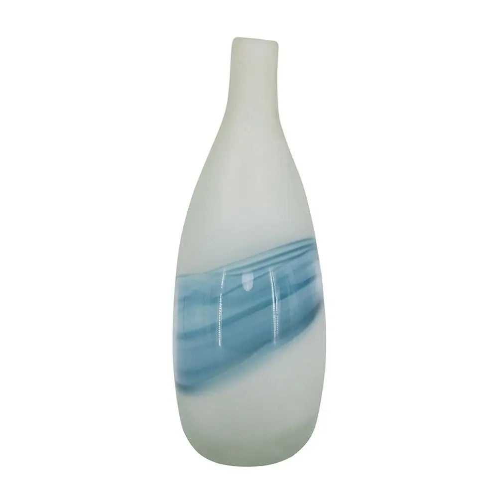 16" White And Blue Swirl Art Glass Table Vase - NOBLE HOME INTERIORS
