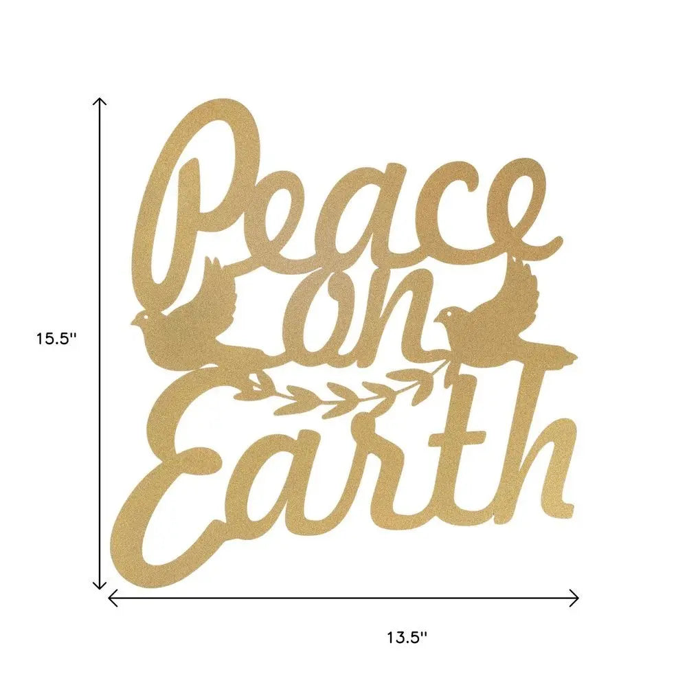 16" X 14" Gold Metal Peace On Earth Metal Text Wall Decor - NOBLE HOME INTERIORS