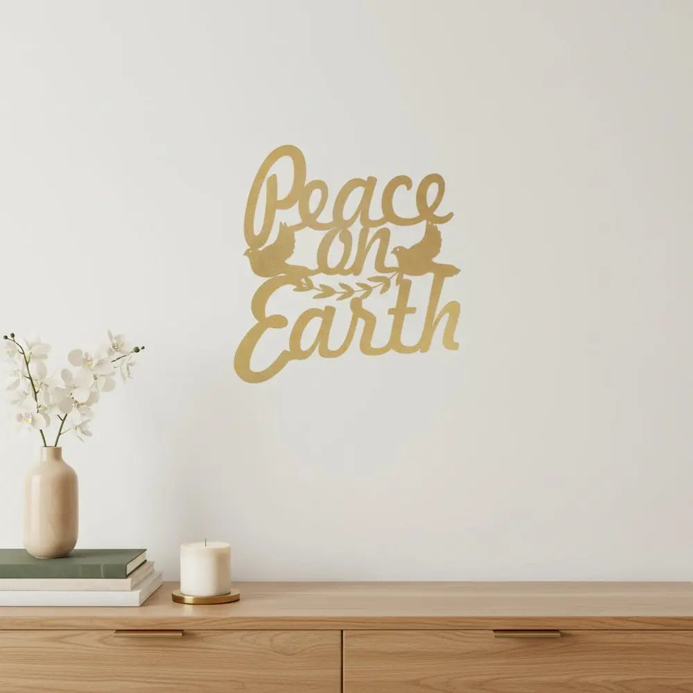 16" X 14" Gold Metal Peace On Earth Metal Text Wall Decor - NOBLE HOME INTERIORS