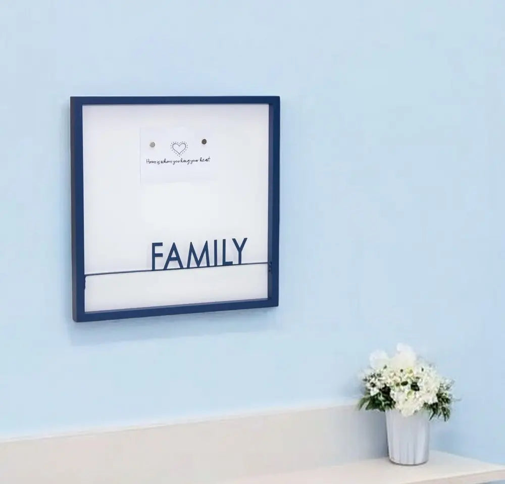 16" X 16" Blue And White Family Wood and Metal Square Magnetic Memo Board - NOBLE HOME INTERIORS